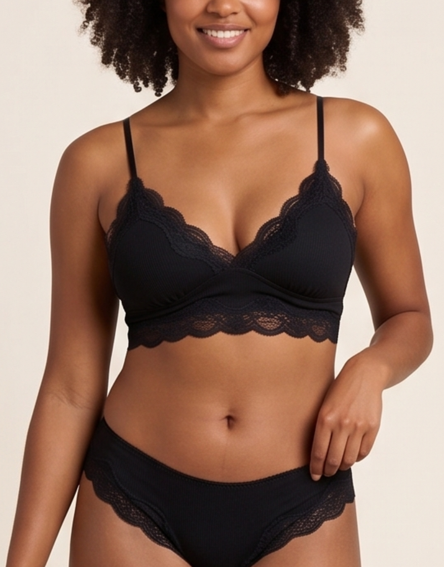 Lace Trim Triangle Bralette - Black