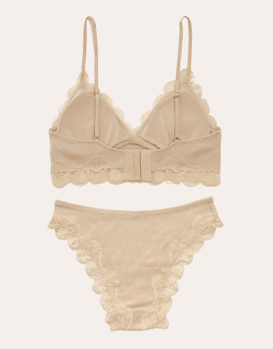 Lace Trim Bralette Set - Beige