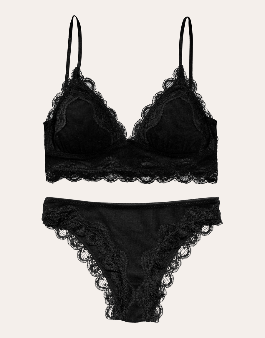 Lace Trim Bralette Set - Black