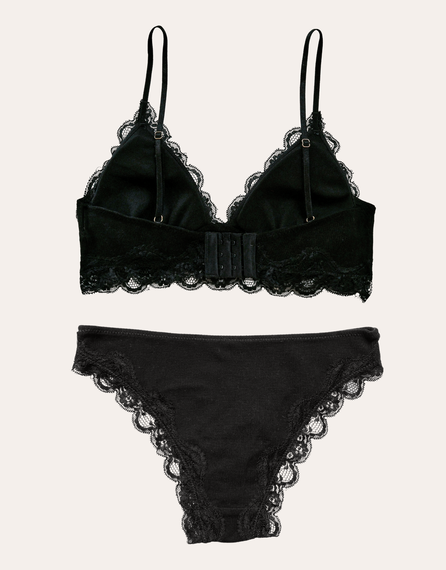 Lace Trim Bralette Set - Black