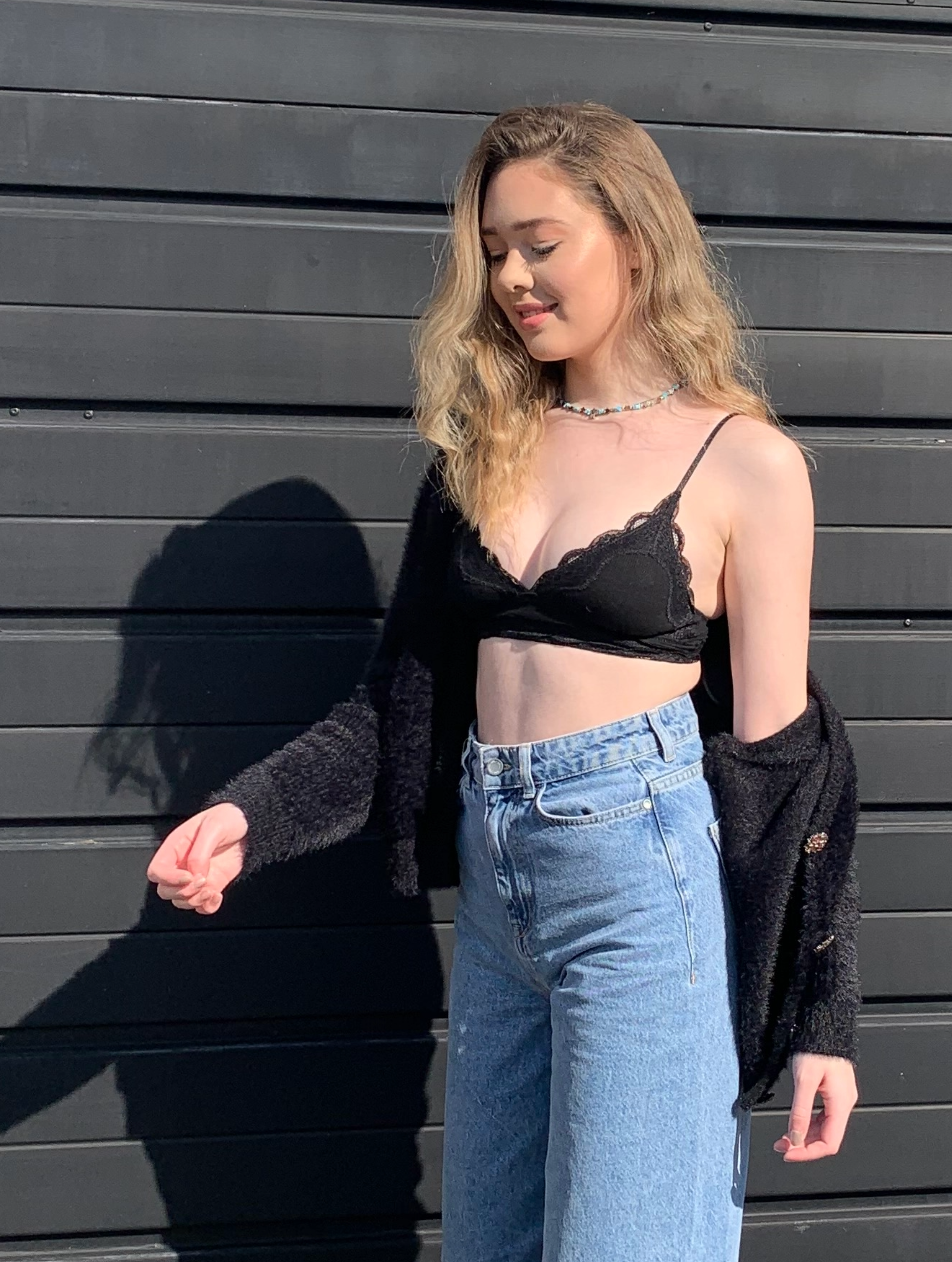 Lace Trim Triangle Bralette - Black