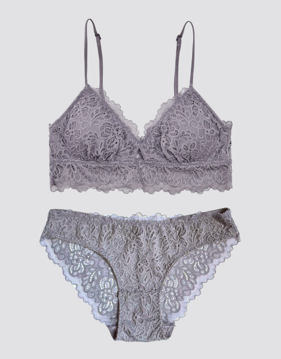 Dainty Lace Peephole Bralette Set - Dusk