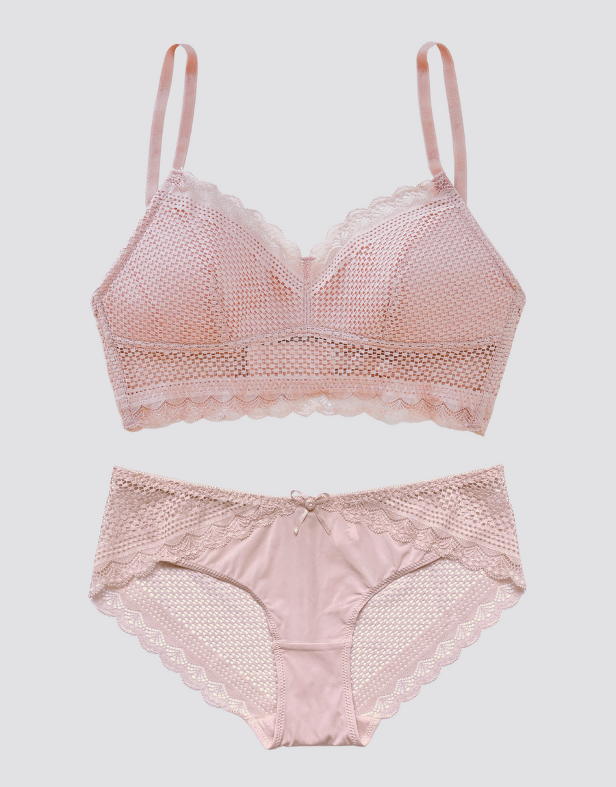 Lace Checker Bralette Set - Blush