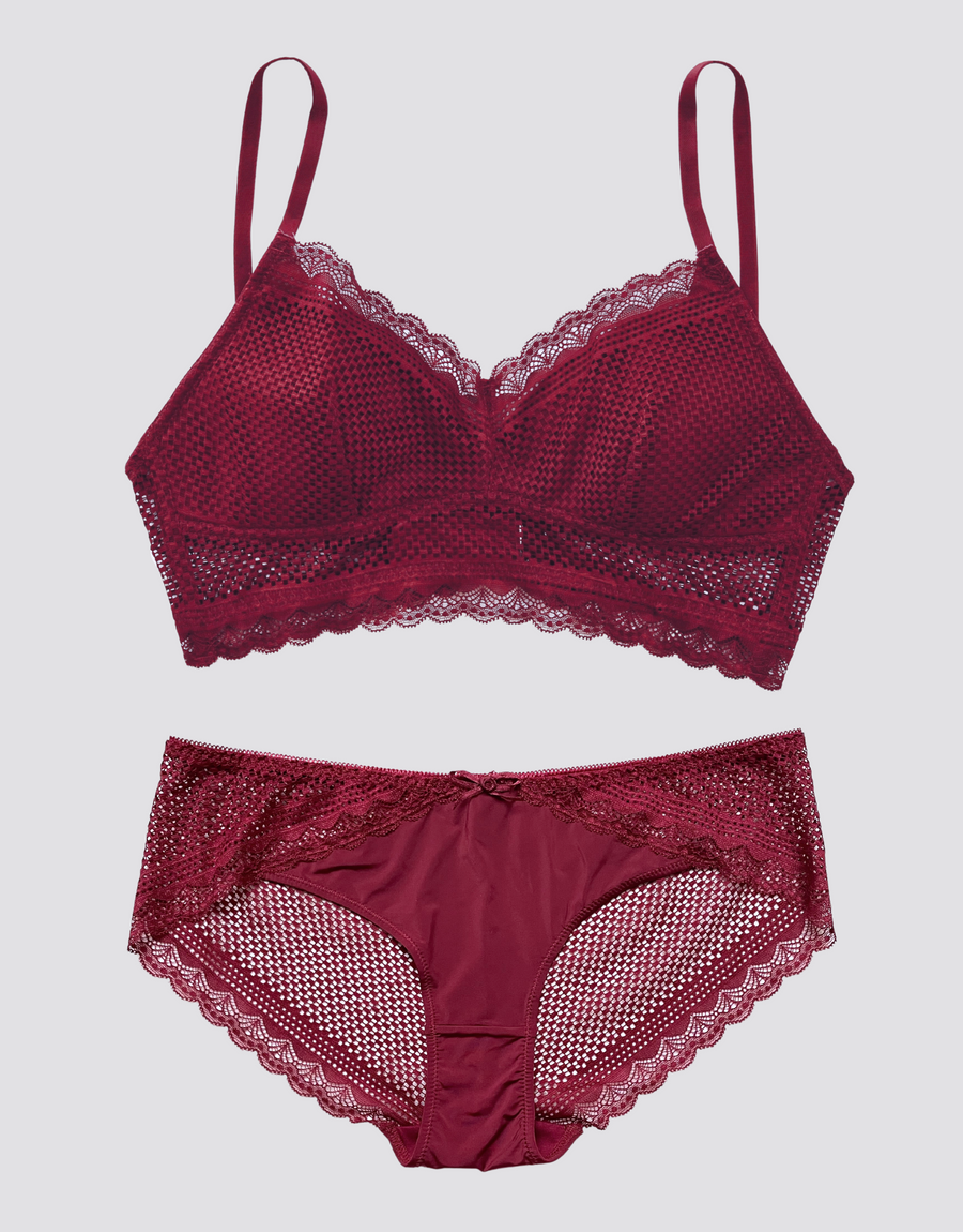 Lace Checker Bralette Set - Maroon