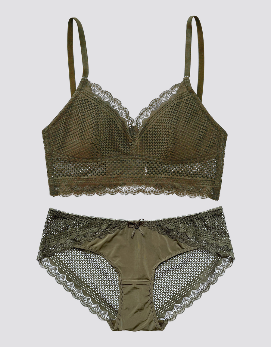 Lace Checker Bralette Set - Olive