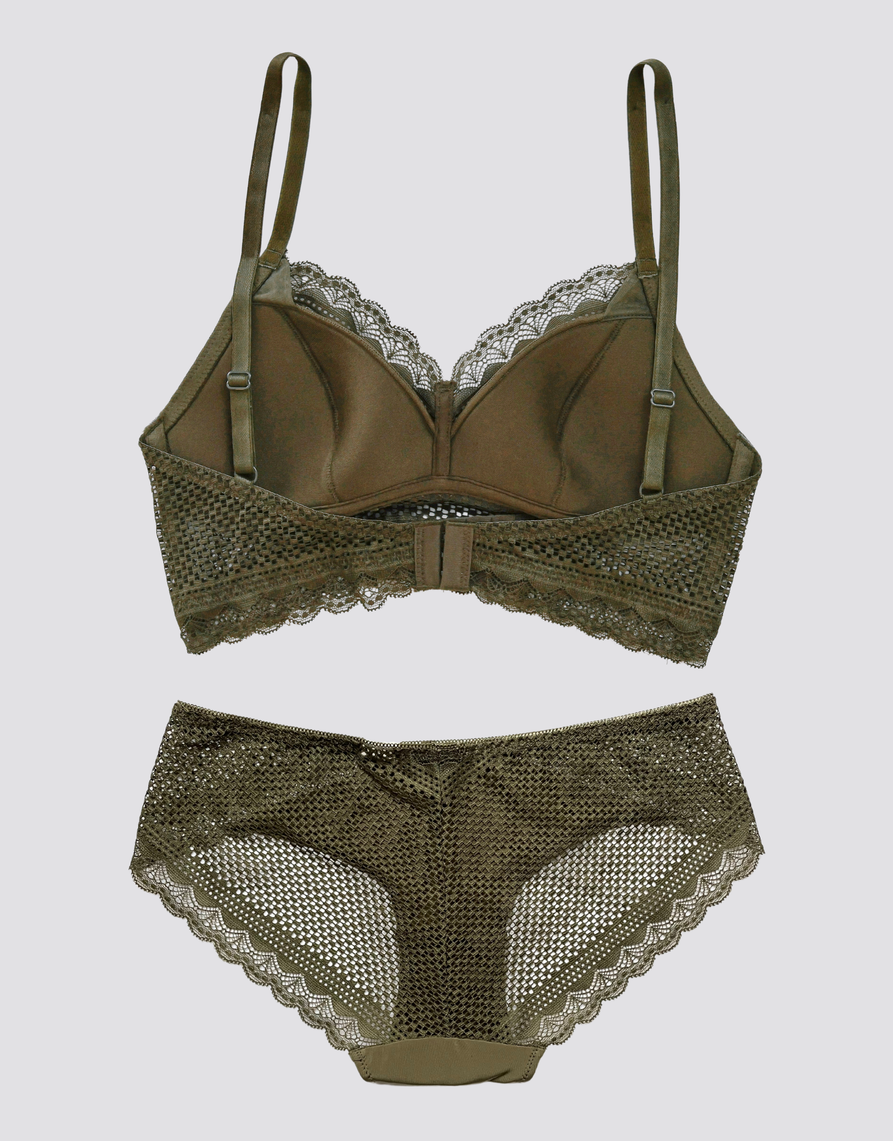 Lace Checker Bralette Set - Olive