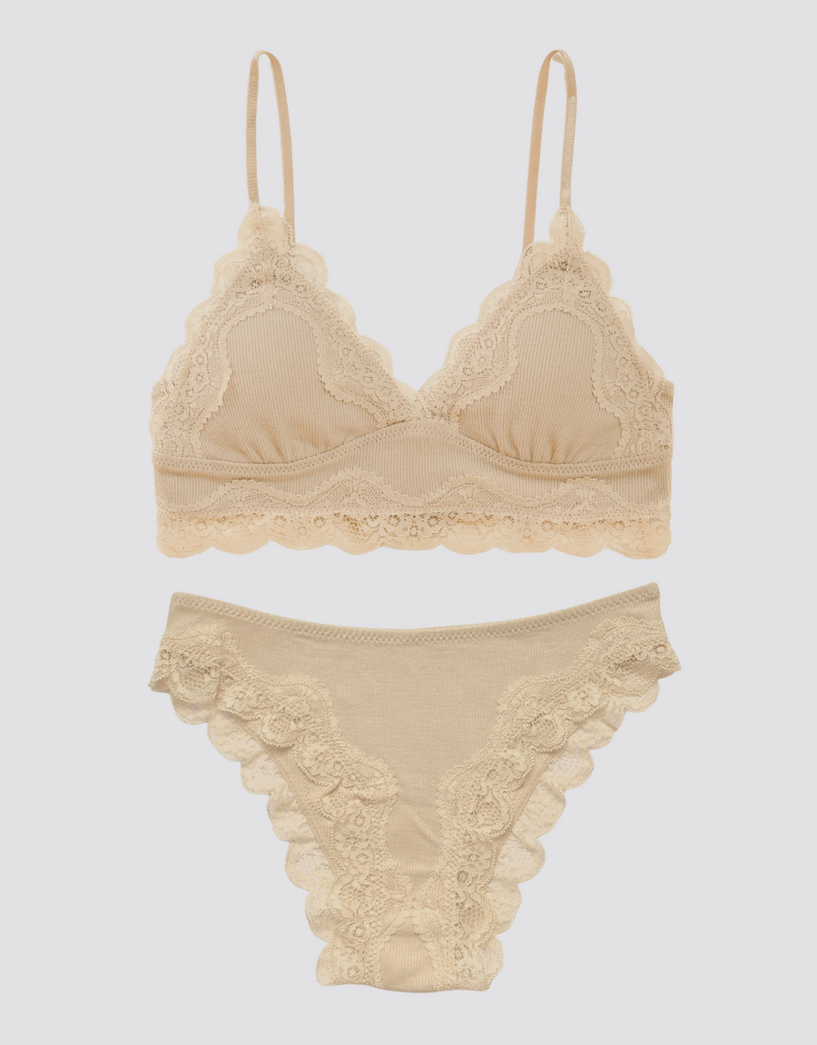 Lace Trim Bralette Set - Beige