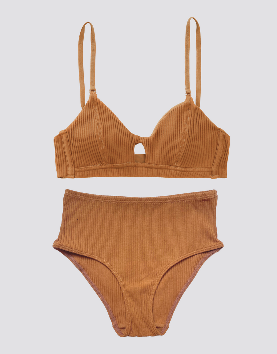 Ribbed Peephole Bralette Set - Bronze