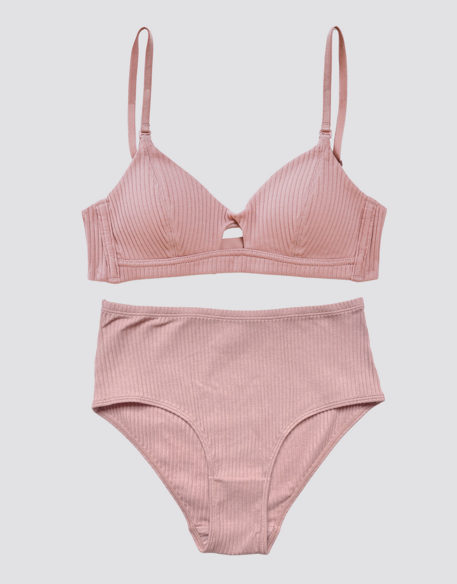 Ribbed Peephole Bralette Set - Carnation