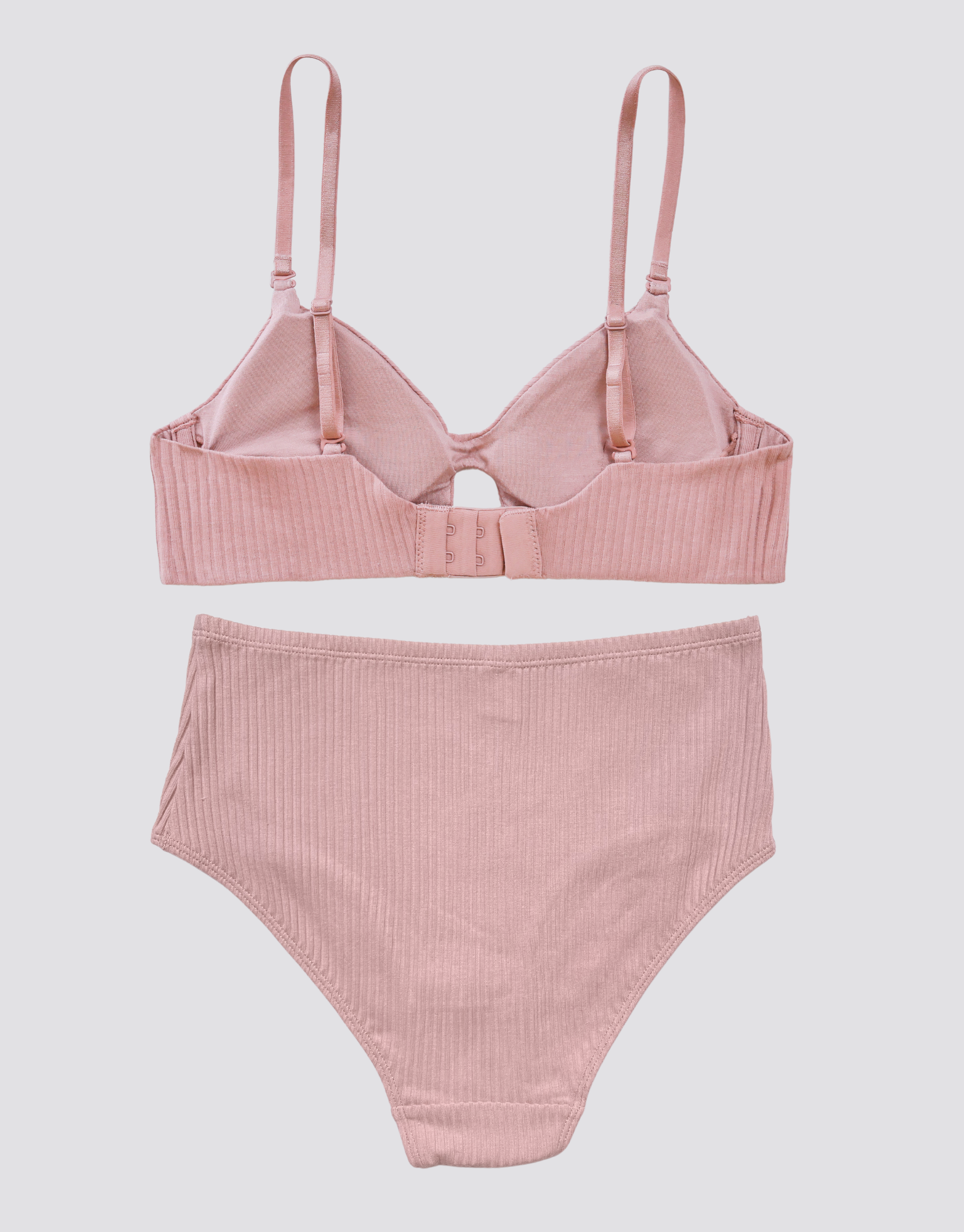 Ribbed Peephole Bralette Set - Carnation